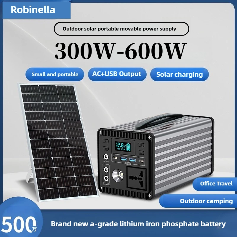 باور بانك محمول 600 وات مزود طاقة متنقل بقدرة 560 وات في الساعة مع ألواح شمسية مع قابس تيار متردد وبنك طاقة متنقل للتخييم والصيد في حالات الطوارئ