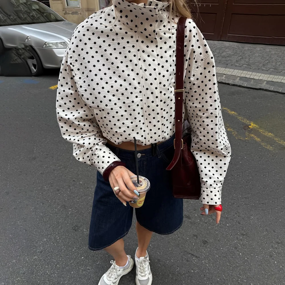 

Talenza Elegant Polka Dot Jacket Women Autumn Standing Collar Drawstring Contrast Casual Coats Streetwear Female Chic Outwear