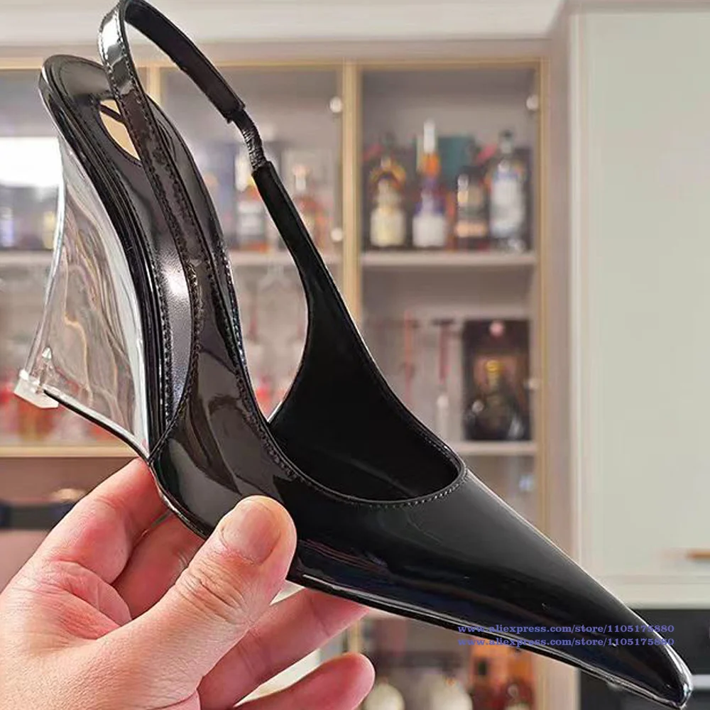 

Black Patent Leather Transparent Wedges Sandals Pointy Toe Slip On Women's Pumps Luxury Designer New Sandalias De Mujer Verano