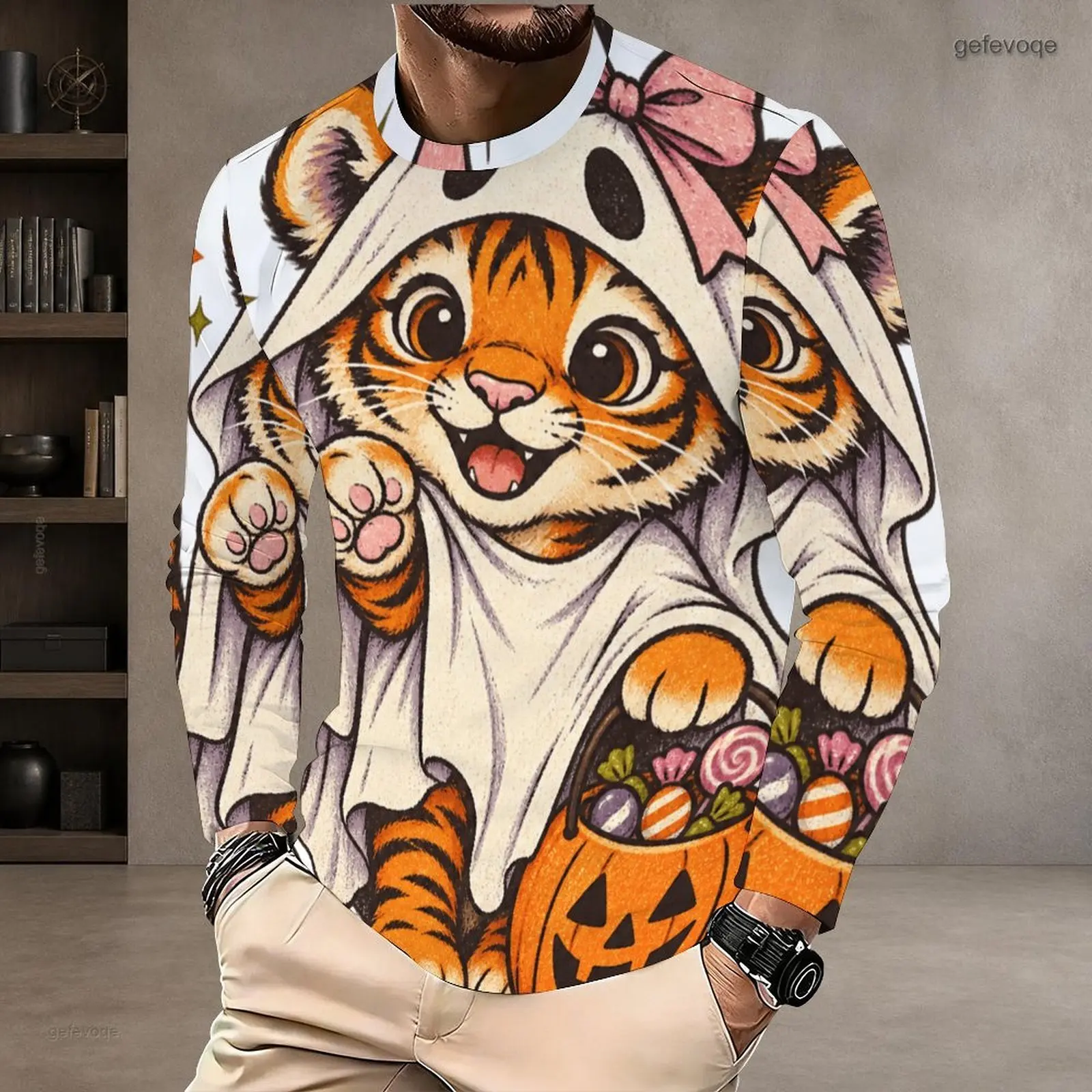 Men Printed T Shirt Round Neck Long Sleeve Pullover Straight Hem
