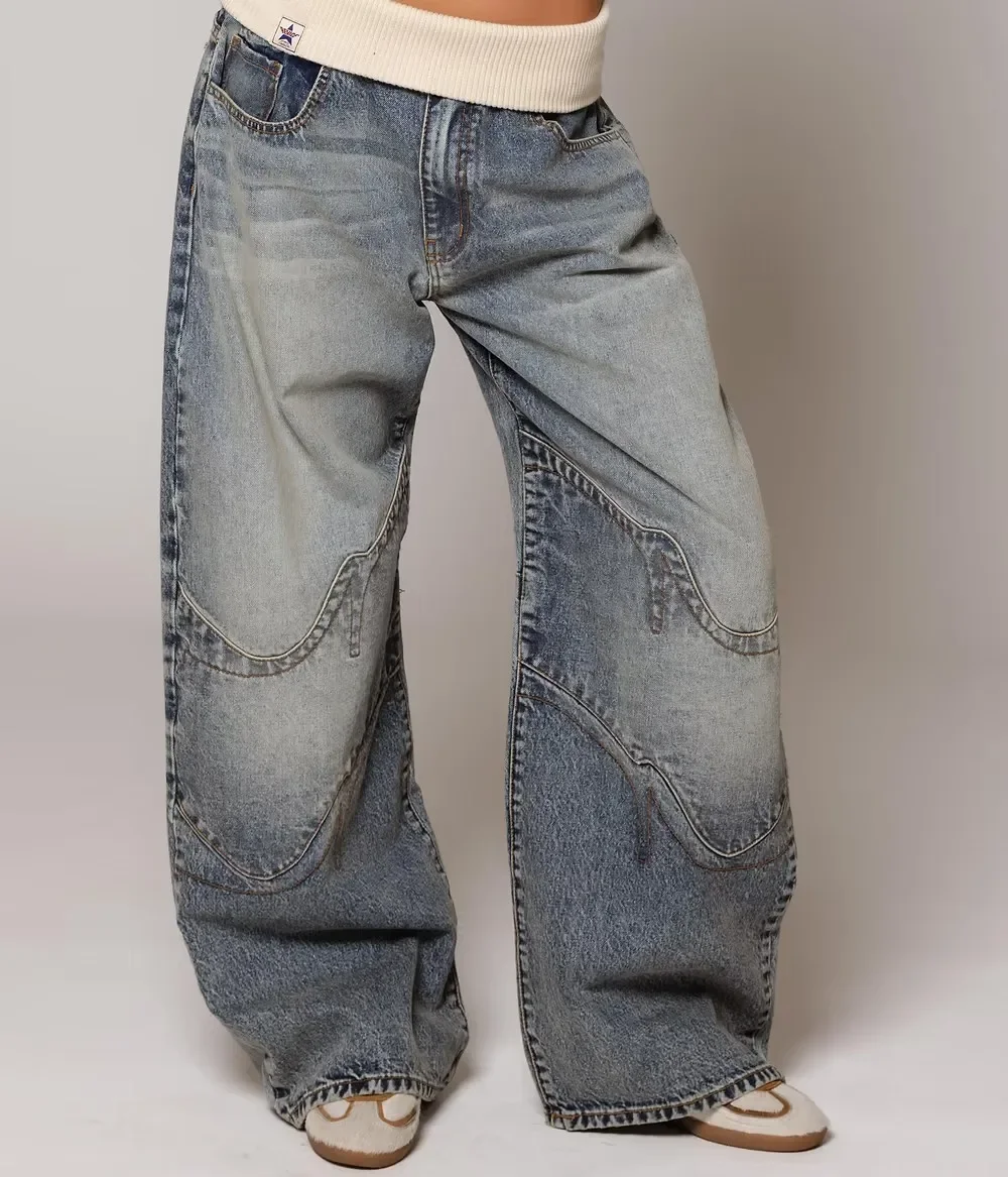 Hip Hop Splice Fashion Basics Retro Jeans for Women's Simple Dressing Up Daily Necessary Wide Leg Pants Baggy Cargo Pants view 2