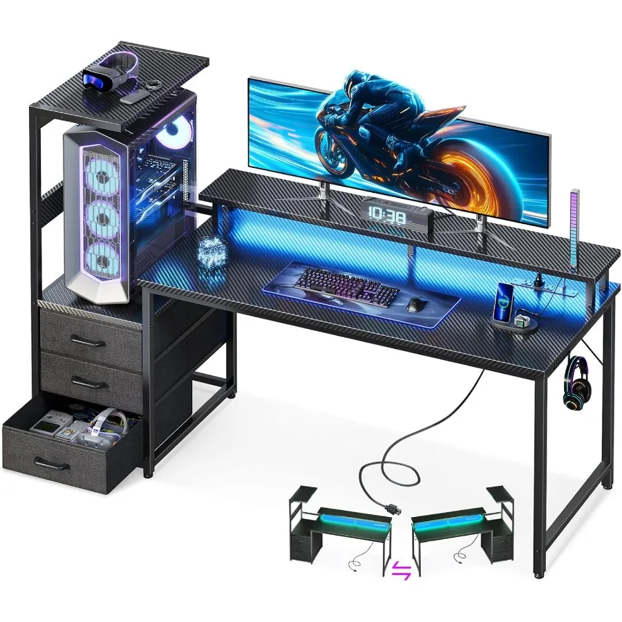 

59-дюймовый современный офисный игровой стол с USB-портами для зарядки и светодиодной подсветкой для дома или рабочего пространства, двусторонний дизайн с 3