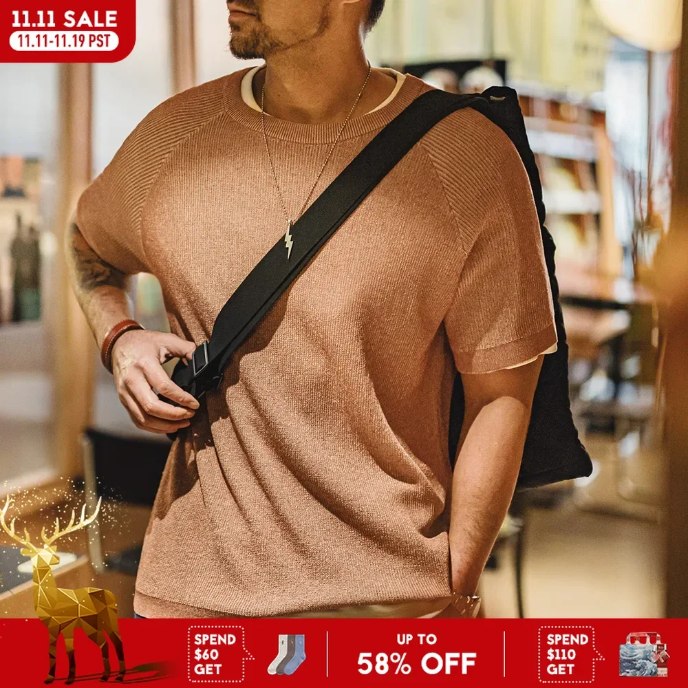 

Maden New Orange Knitted Vintage Short Sleeve T-Shirt Men's Summer Loose Fit Ribbed Crew Neck Tee Breathable Casual Street Tops