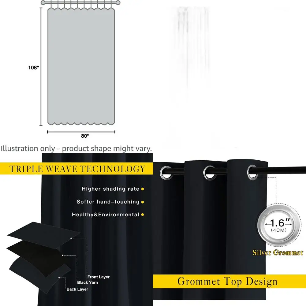 

Thermal Insulated Blackout Curtain Panels - Solid Grommet Window Drapes for Hall/Sliding Door (80 x 108, Black, 2 Pack)