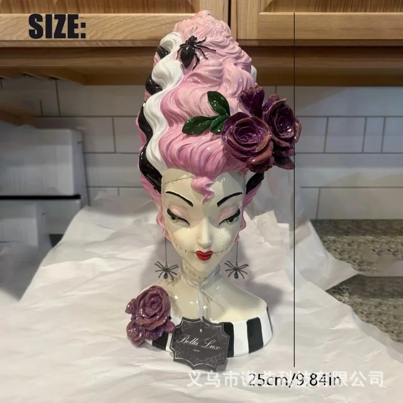 25cm Pink Bride Resin Bust, Statue Halloween Gothic Horror Figurine, with Roses Spiders Earrings Home, Party Decor Gift Ornament