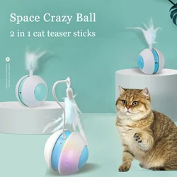 Crazy Cat Teaser Cat Toys Interactive Rolling Ball 2 In 1 Bird Sound Cats Sticks LED Automatic Rolling Cats Moving Toy Pet Toys