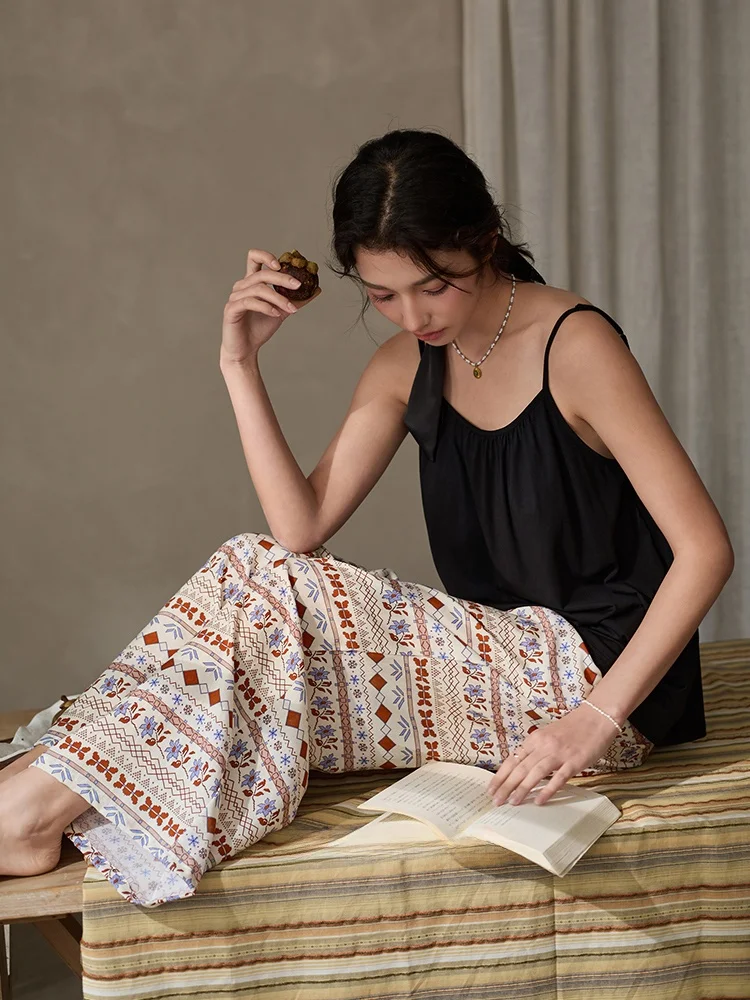 shaqian-summer-cool-feeling-women's-sleepwear-modal-cotton-long-pants-home-clothes-with-chest-pad-suitable-for-outdoor