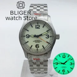 BLIGER 36mm 39mm Pilot Mechanical Diving Watch For Men NH35 movt Cream White Dial Green Super Lume Sapphire Stainless Bracelet