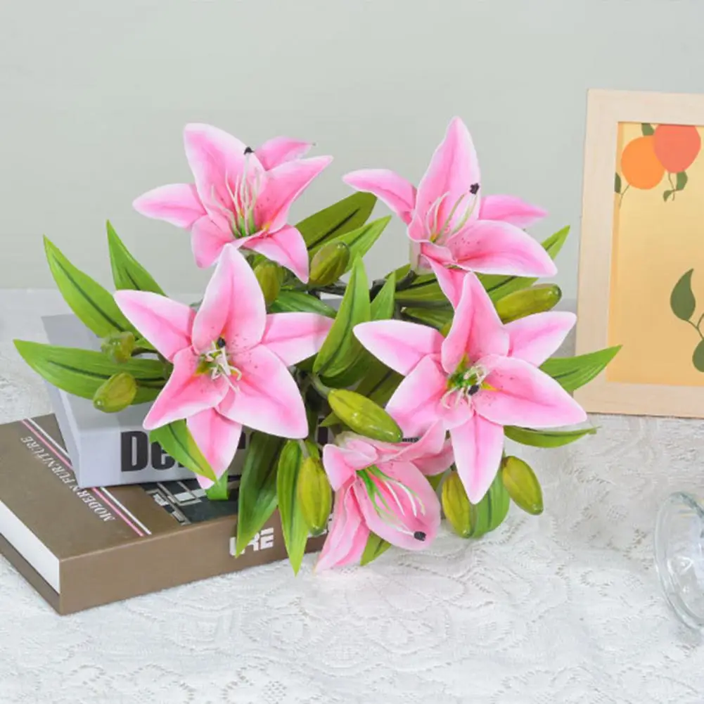 Artificial Lily Branch with Stem Green Leaves Home Wedding Party Faux Flower Floral Arrangement Indoor Outdoor Decoration Photo