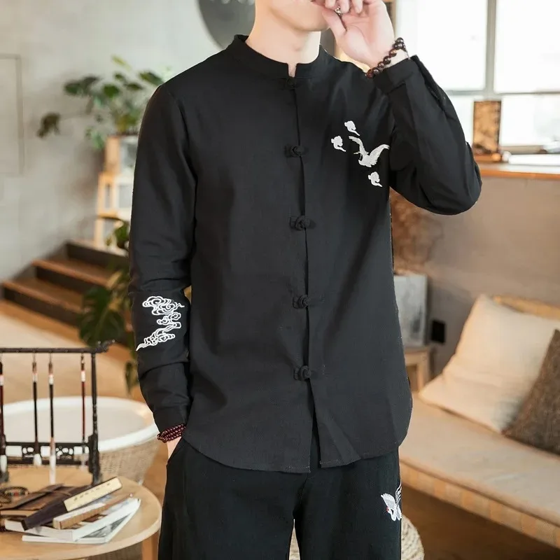 Men's Chinese Style Tang Suit Solid Color Shirt Retro Oriental Traditional Tai Chi Uniform Buckle Plus Size Chinese Jacket Coat