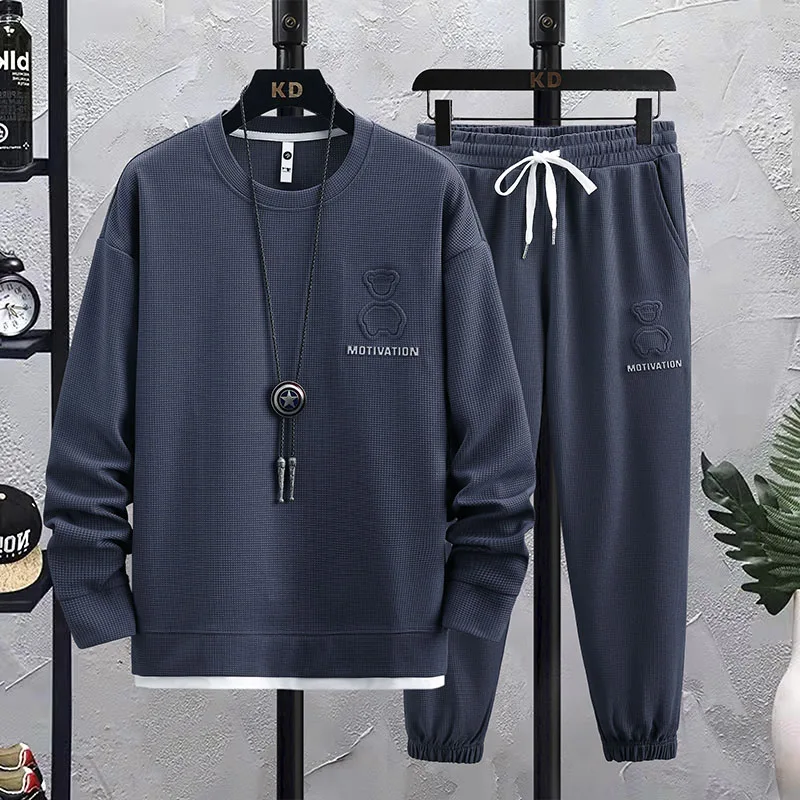 Autumn Men's Embroidery Sweatshirts Sets Waffle Hoodieless Round Neck+Sweatpants Sports Casual Suit Trendy Versatile Streetwear