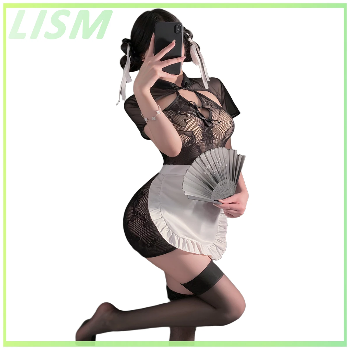 

Женское сексуальное прозрачное кружевное платье в стиле Ципао, комплект с воротником-стойкой и бантом, прозрачное боди с короткими рукавами, интимный костюм