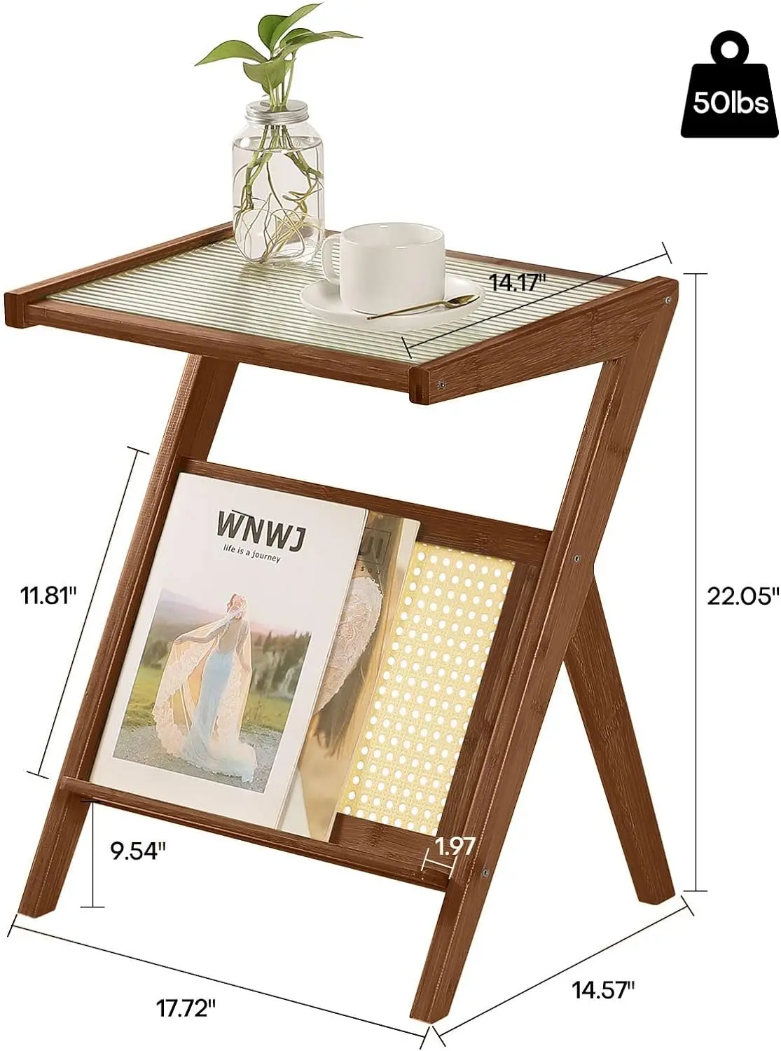 Rattan End Table with Magazine Rack Glass-top Bamboo Sofa Side Table Bedside Z Shaped Coffee Table for Bedroom Living Room Small