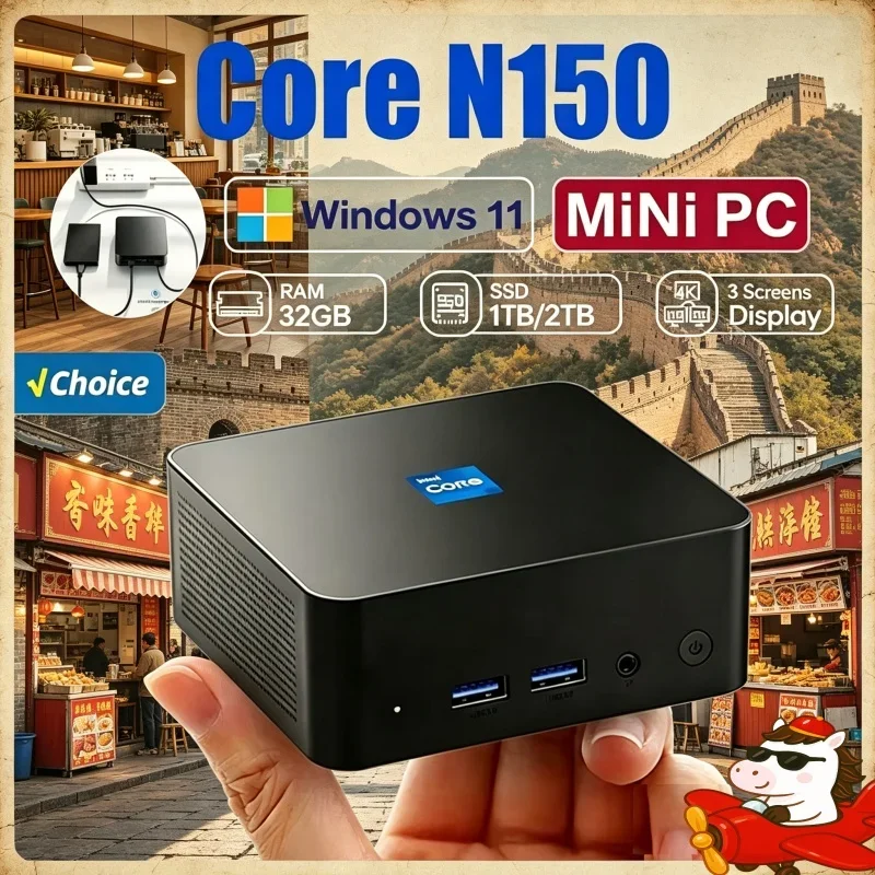 

2026 Aetherial Core N150 MINI PC Windows 11 Pro Microcosmic Palm Sized Workstation RAM 1TB SSD WIFI 6 BT5.2 4K HD Mini