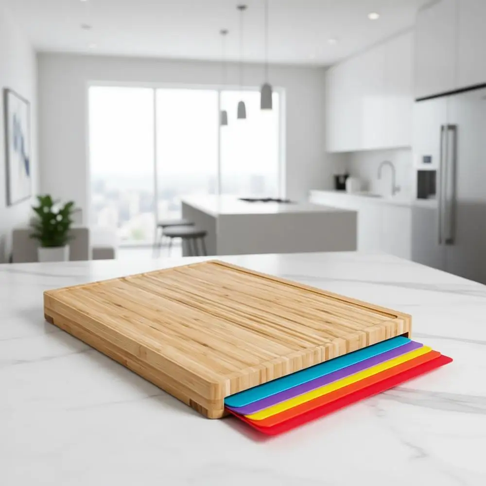 

6-Piece Flexible Plastic Mat Set for Meal Prep, Serving, and Easy Clean Bamboo Cutting Boards - Large Wood Kitchen Board Set