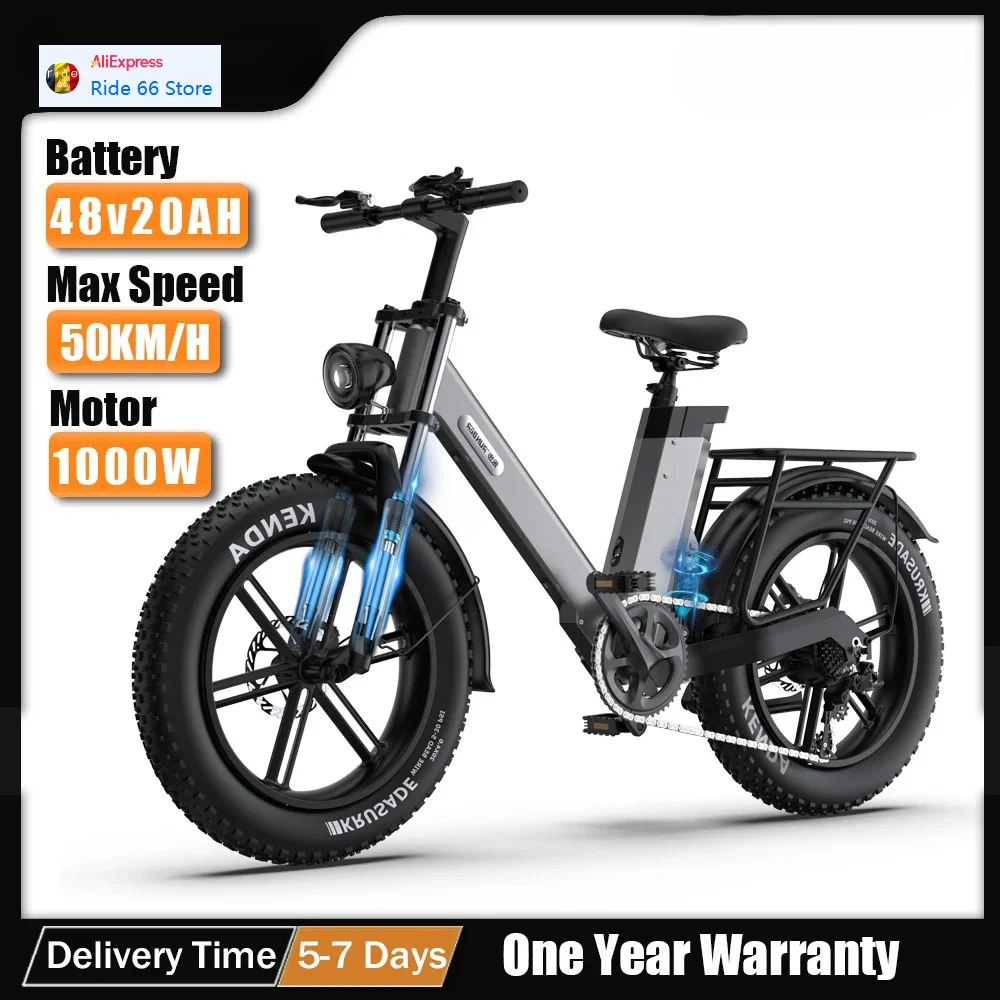 2024 New Electric City and Commuter Bikes, 1000W, 48V, 20AH, 20*4.0 Fat Snow, Off-Road Tires, Beach, Snow Electric Bikes ride66