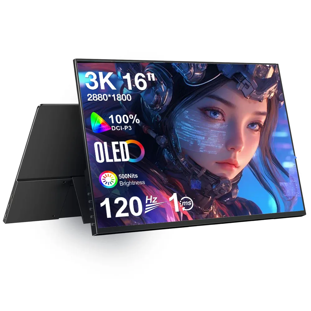 16-inch OLED touchscreen, 120Hz gamingmonitor, draagbaar, 2K, 1ms, oogvriendelijk display, USB-C, HDMI, voor laptop, Mac, telefoon, mini-pc, PS5, VESA