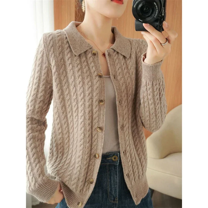 

Cashmere Sweater For Women Autumn And Winter New Knitted Cardigan For Women Loose Fitting Woolen Sweater Lapel Jacket Camel XXXL