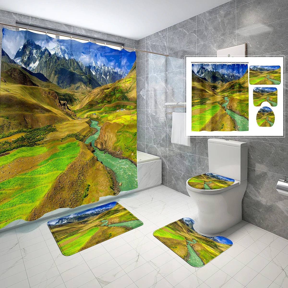 

Mountain Landscape Bathroom Sets with Shower Curtain and Rugs 4 Piece Set, Non-Slip Bath Mat Waterproof Bath Curtain with Hooks