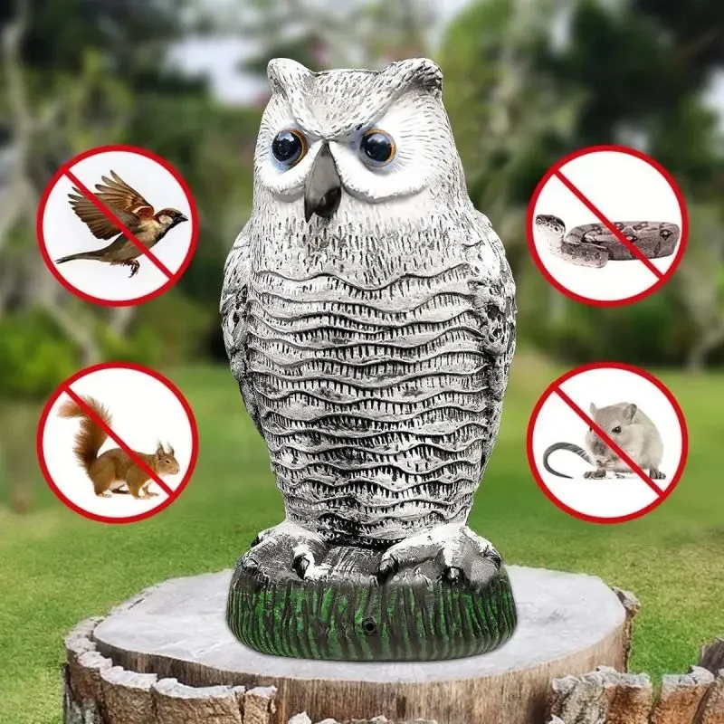 Owl Decoy Fake Owl Scarecrow Lifelike Bird Statue Flashing Eyes Frightening Sound Owl Statue Moveable Resin Owl