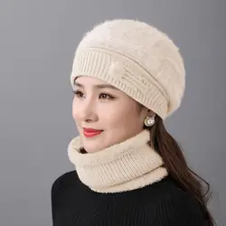 2Pcs/Set Winter Knitted Hat Faux Rabbit Fur Hat Scarf Set Autumn Winter Women Knitted Fleece Lining Beret Cap Neckerchief Set