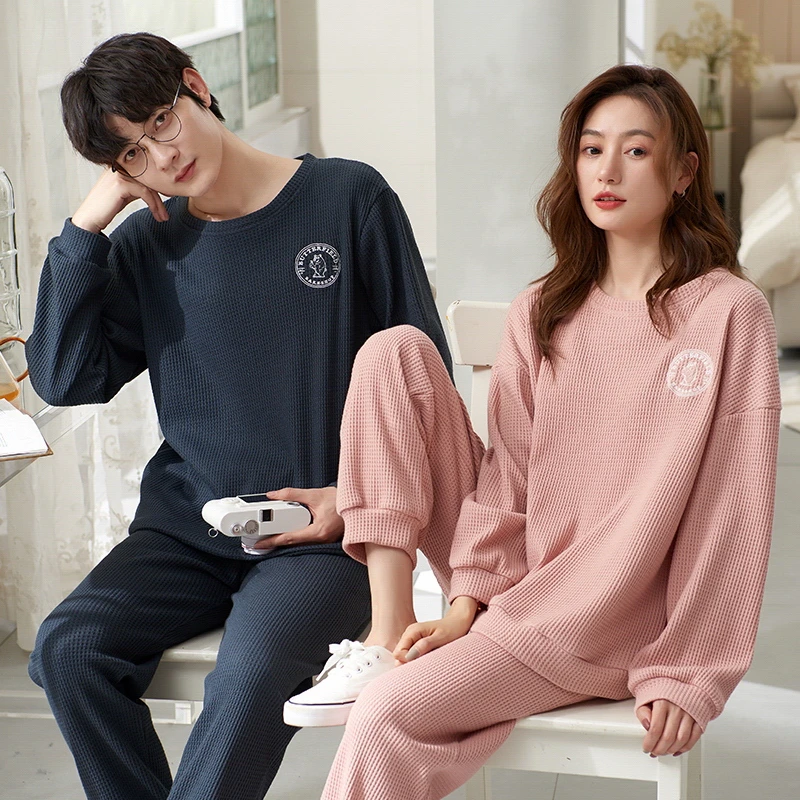 Conjuntos de pijama para homens e mulheres, loungewear manga comprida, pijamas coreanos, pijamas de algodão plus size, outono