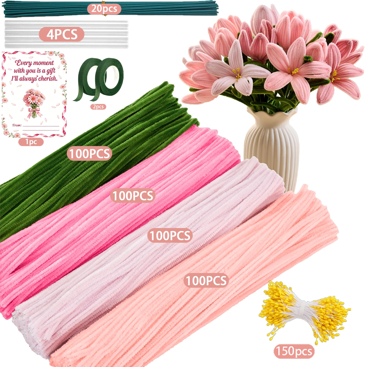 577 Pcs Pipe Cleaner Flower Bouquet Set, Soft Fuzzy Chenille Sticks For Floral Crafts & Home Decor view 5