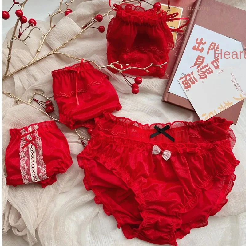 Red Bow Wave Point Perspective Ladies Underwear Sexy Lace Mid-waist Girl Lolita New Women\'s  Fungus Edge  Panties Loli Mini