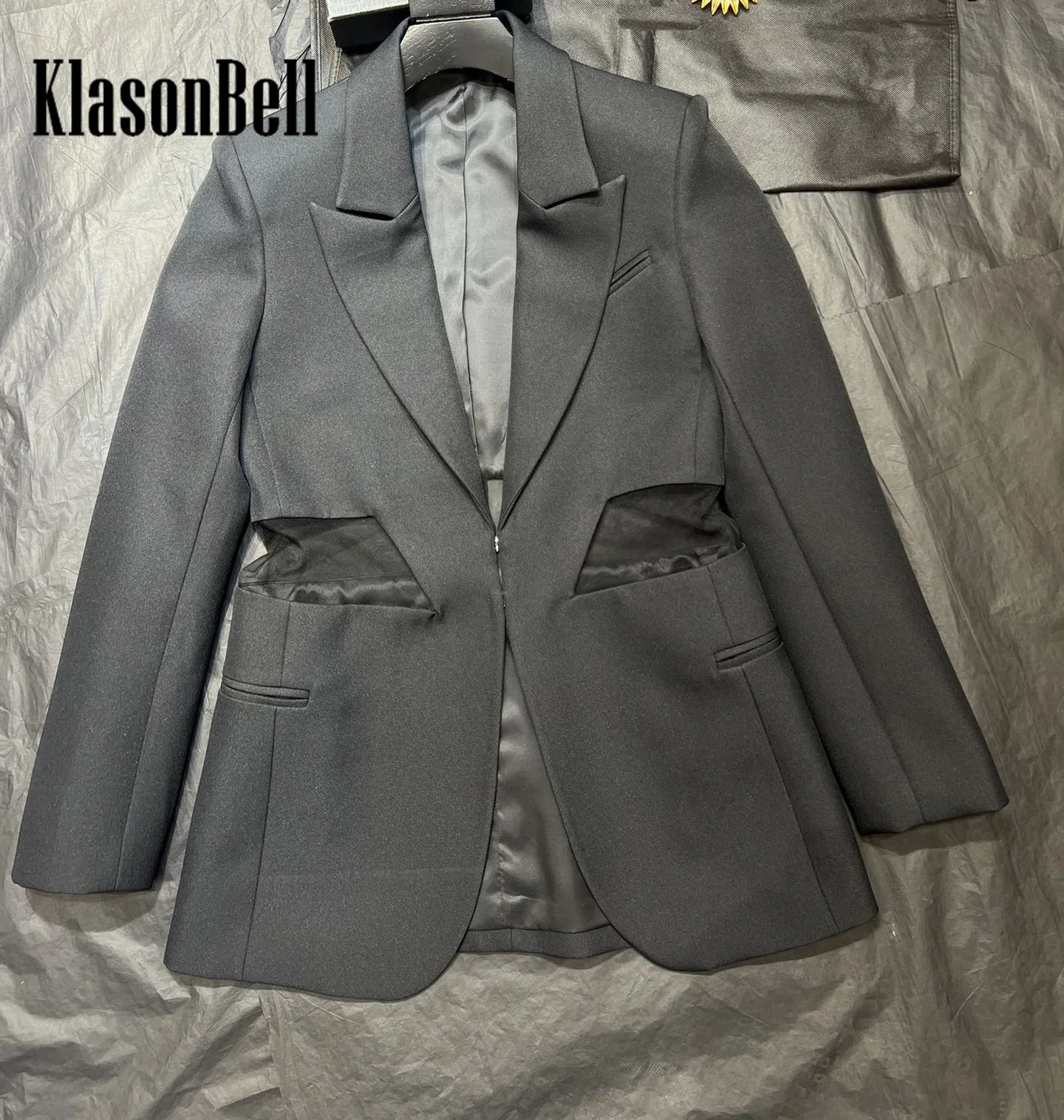 8.2 KlasonBell Women Fashion Personality Sheer Mesh Spliced Exposed Waist Blazer Lapel Collar Hook Buckle Collect Waist Jacket