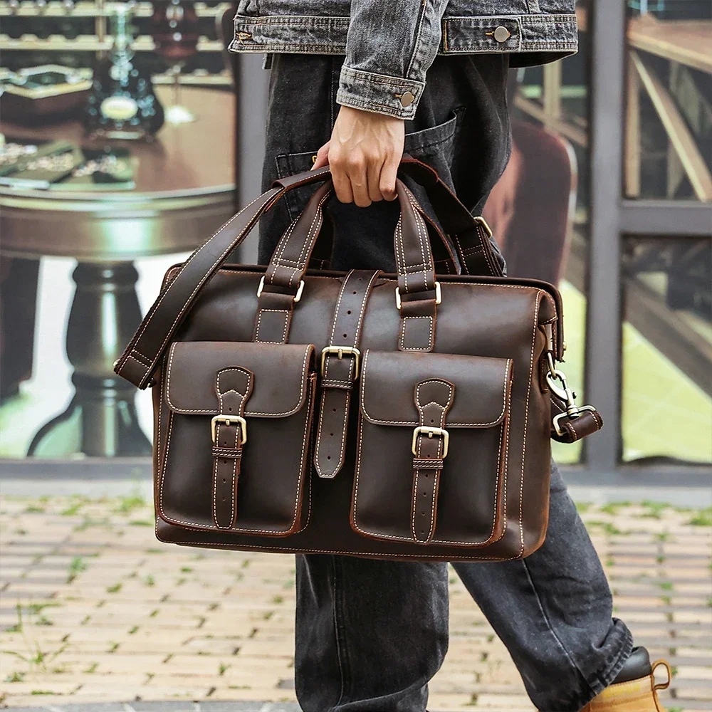 Vintage Crazy Horse Leather Briefcase for Men Short Trip Business Work Bags Male Fits 15.6\