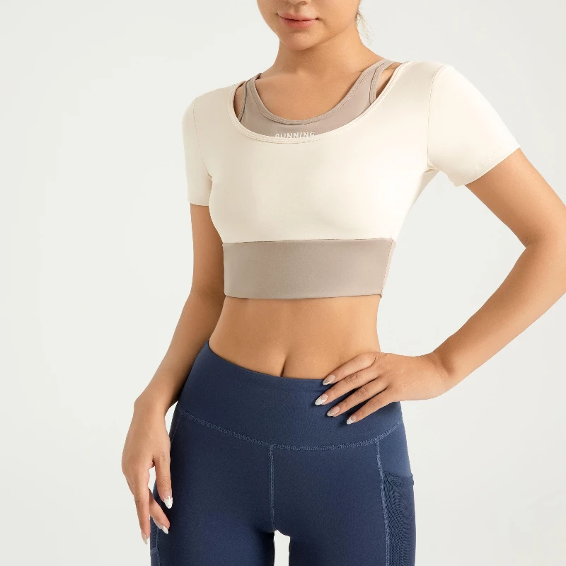 

Спортивная одежда для женщин: топ для тренировок в зале, имитация двухслойного бюстгальтера, женская одежда, футболки с коротким рукавом, спортивная одежда, женские топы для фитнеса и тренировок