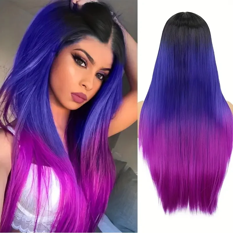 

26 Inch Elegant Ombre Purple to Black Long Synthetic Wig, Fashionable Ombre Style with Natural Black Transition, Soft Drape, DIY
