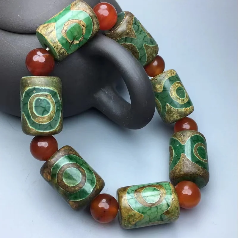 Tibetan Style Three-Eye Dragon Pattern Agate Single Ring Old-Fashioned Green Chalcedony Sky Beads Bracelet