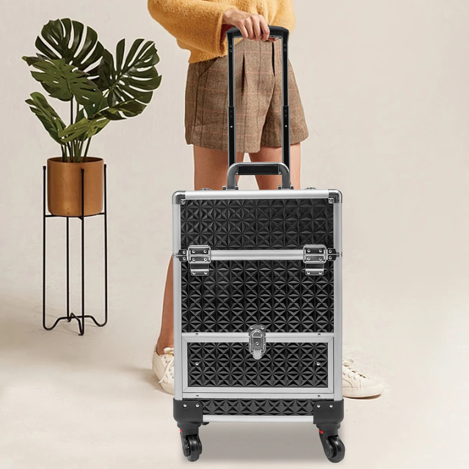 Rolling Makeup Train Case with Drawers&4 Wheel,Professional Aluminum Portable Beauty/Nail Art/Hair Styling Travelling Cart Trunk