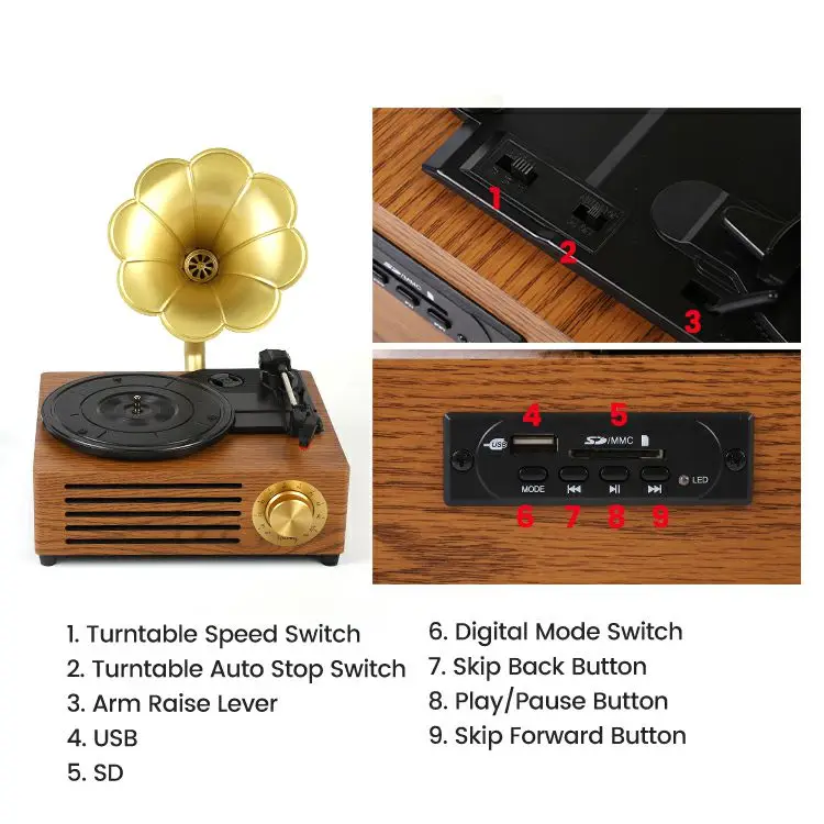 العتيقة جراموفون الفونوغراف القرص الدوار الكلاسيكية الرجعية مشغل تسجيلات من الفينيل 33/45/78 مكبرات صوت ستيريو نظام الهاتف المحمول #2