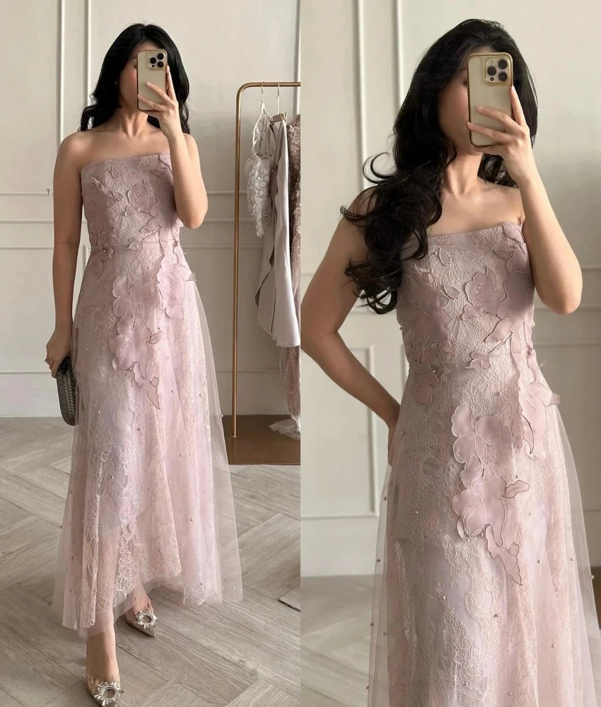 

Customized Elegant Pearls Strapless Formal Dress 3D Floral Lace Tulle Evening Gown for Party.Delicate Ankle Length Prom Gowns