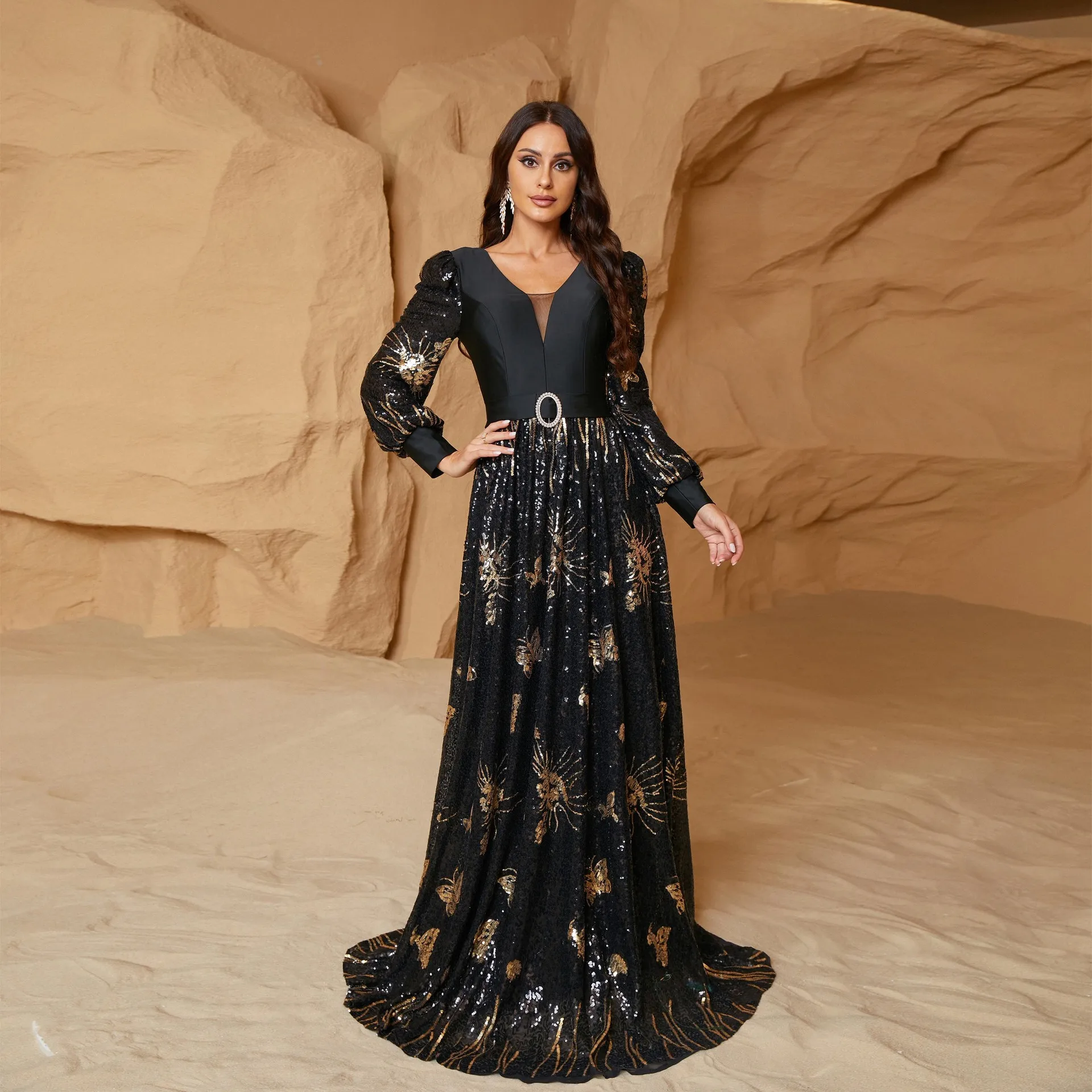 

Women Chic Elegant party dress Long sleeve V Neck Backless Black Sequined Formal Occasion Evening Wedding Cocktail Maxi dress