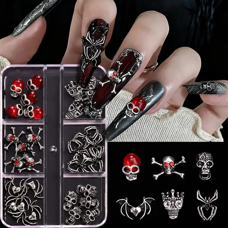 

6Grid Halloween Punk Retro Alloy Cross Nail Charms Y2k Gothic Metal Skull Spider Nail Art Decorations Accessories DIY Nail Part