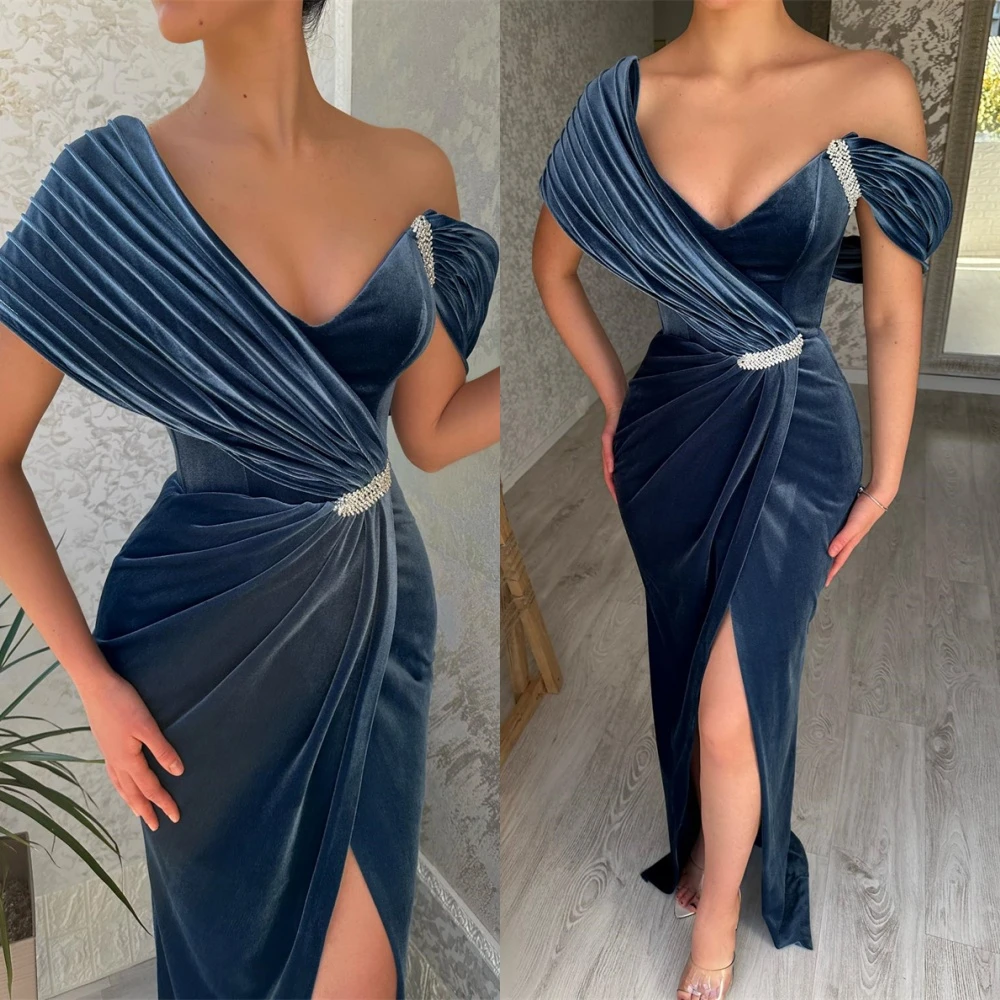 

Customized Mermaid Luxury Blue Velour Evening Dress Exquisite Off the Shoulder Prom Dresses Fashion Special Occasion Gowns