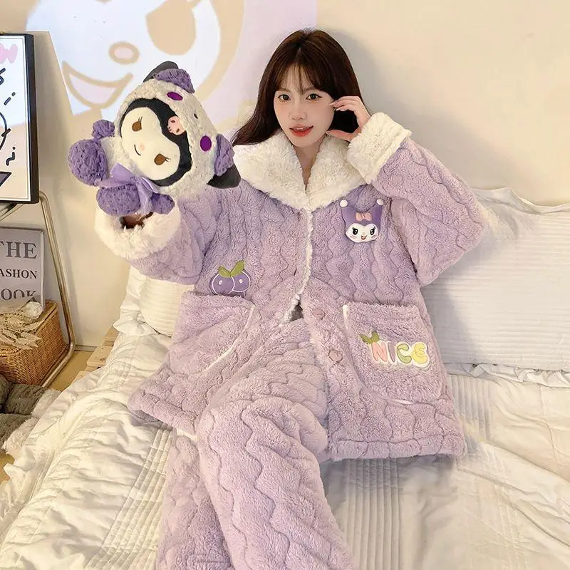 Sanrio Flannel Flip Collar Thickening Three Layer Cotton Pajama Set Kawaii Kuromi Comic Girl Winter Keep Warm Home Clothes New