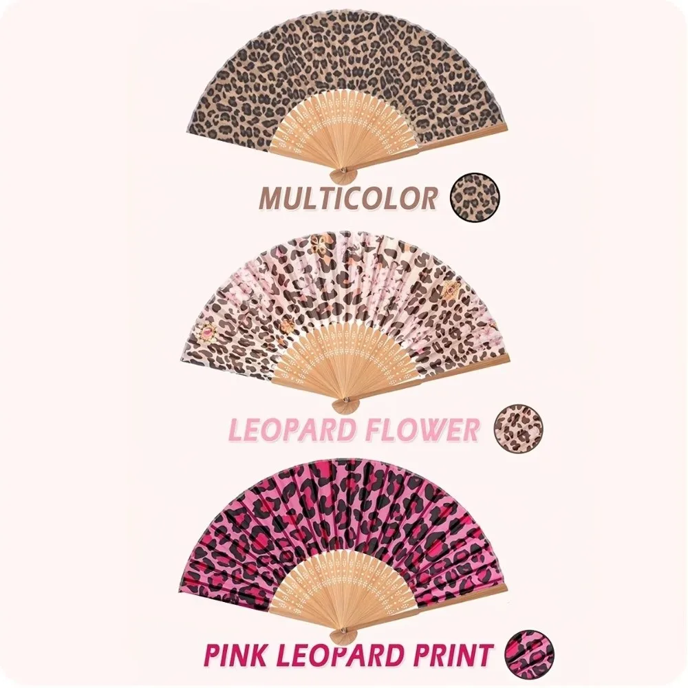 Stylish Leopard Leopard Print Folding Fan Bamboo Frame Lightweight Portable Vintage Handheld Fan Elegant Party Hand Fan