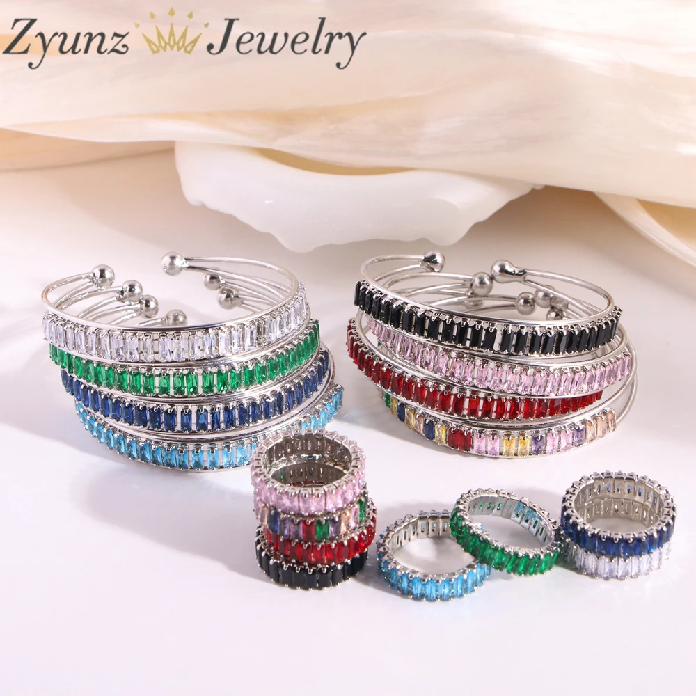 5 Sets, Vintage Shiny Zircon Opening Bangle Silver Color Rings Sets for Women Daily Jewelry