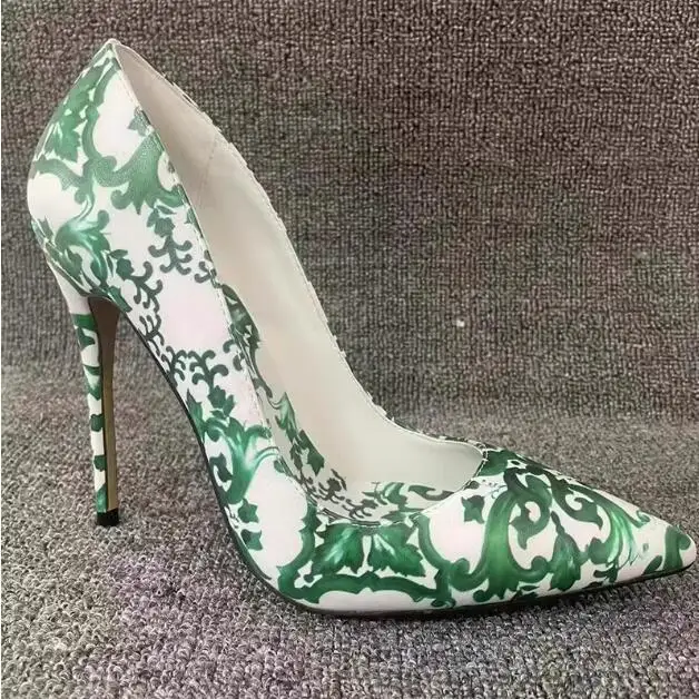 Sexy Blue Yellow Porcelain Flower Printing Leather High Heel Pumps Pointed Toe Woman Green Yellow Floral Slip On Banquet Shoes