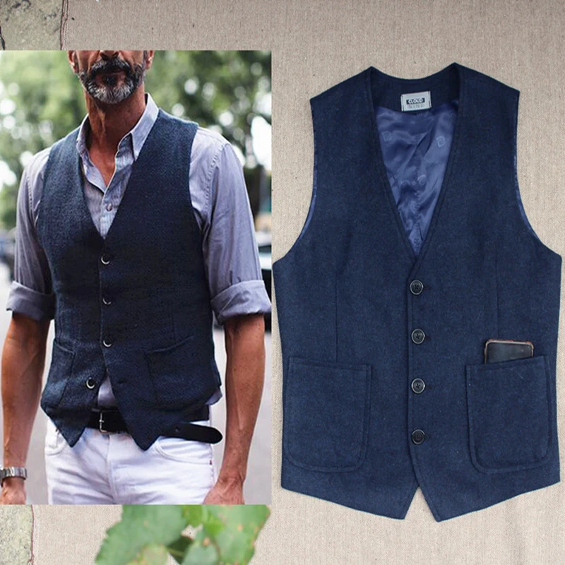 Suit Vest for Men Vintage V-Neck Wool Jacket Herringbone Vest Steampunk Western Sleeveless