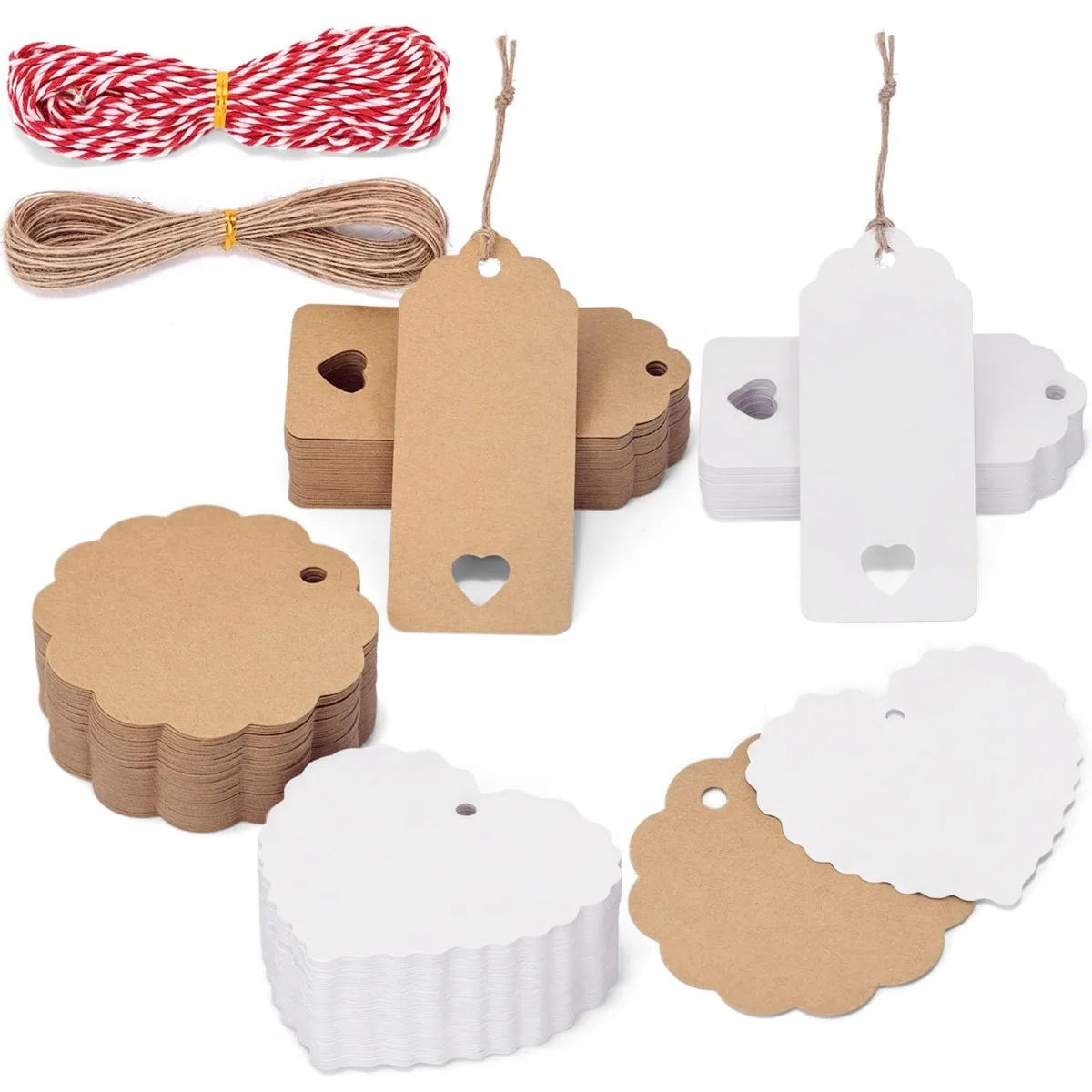 

200PCS Gift Tags with String Attached Designs White Brown Craft Paper Label Tags for Birthday Party Wedding Decoration Gifts