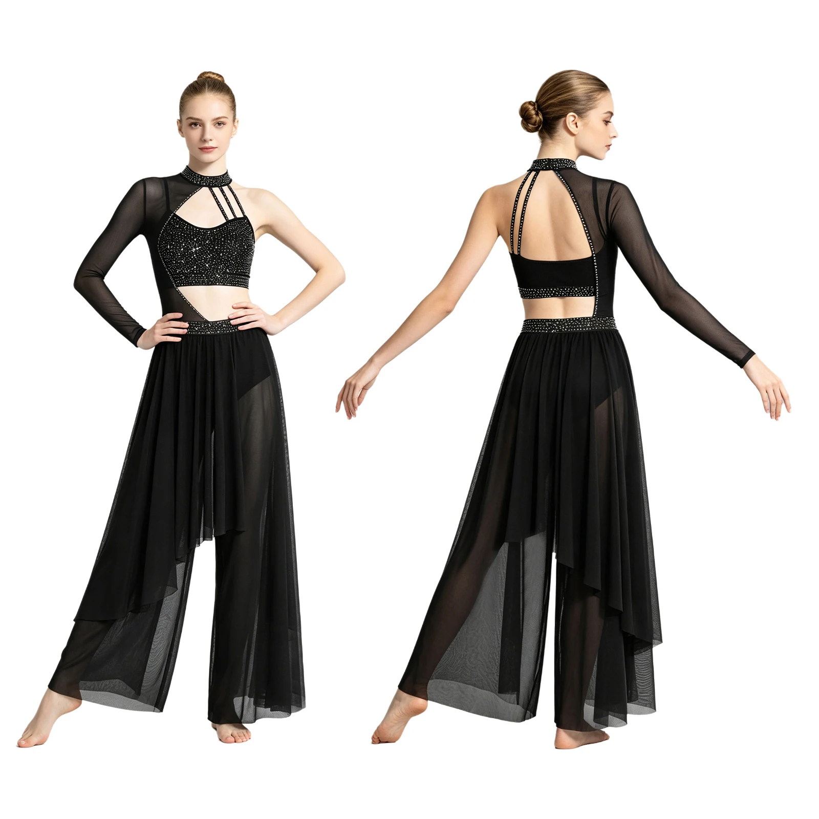 Women Modern Lyrical Dance Skating Ballet Acrobatics Costume Rhinestones Cutout Bodice Mesh Wide Leg Jumpsuit Built-in Briefs