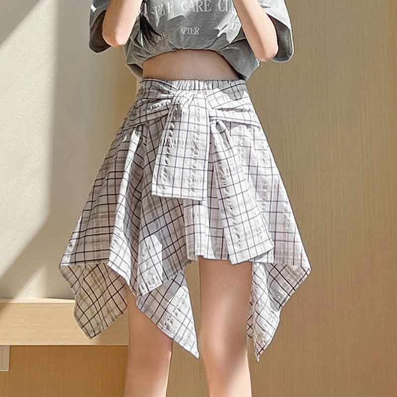 Irregular Plaid Skirt Women American Street Casual High Waisted Skirt Summer Preppy Style Sweet Jazz Dance Lazy Mini Skirt