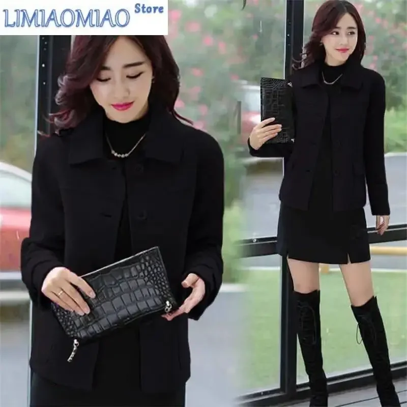 New Women Solid Color Woolen Coat Short Autumn Square Collar Woolen Jacket Femme Single Breasted Tops Female Outwear Black