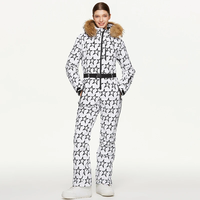 

Outdoor Sport Female Skiing Jumpsuit Winter Fur Hooded Women One Piece Snow Suits Waterproof Snowboard Woman Overalls Clothes