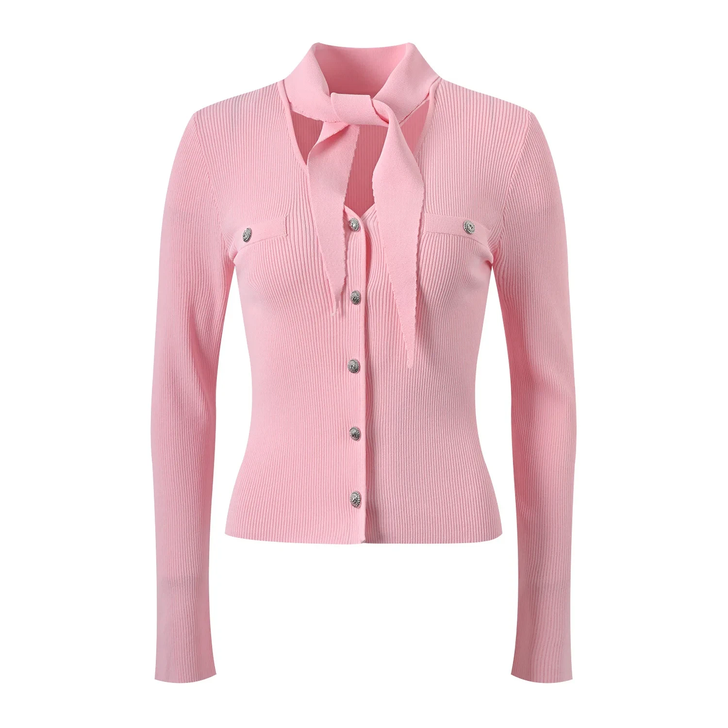 2024 Newest Designed Ribbon Collar Women Spring SolidKnitted Coat Office Lady Slim Fitted Single-breasted Cardigan